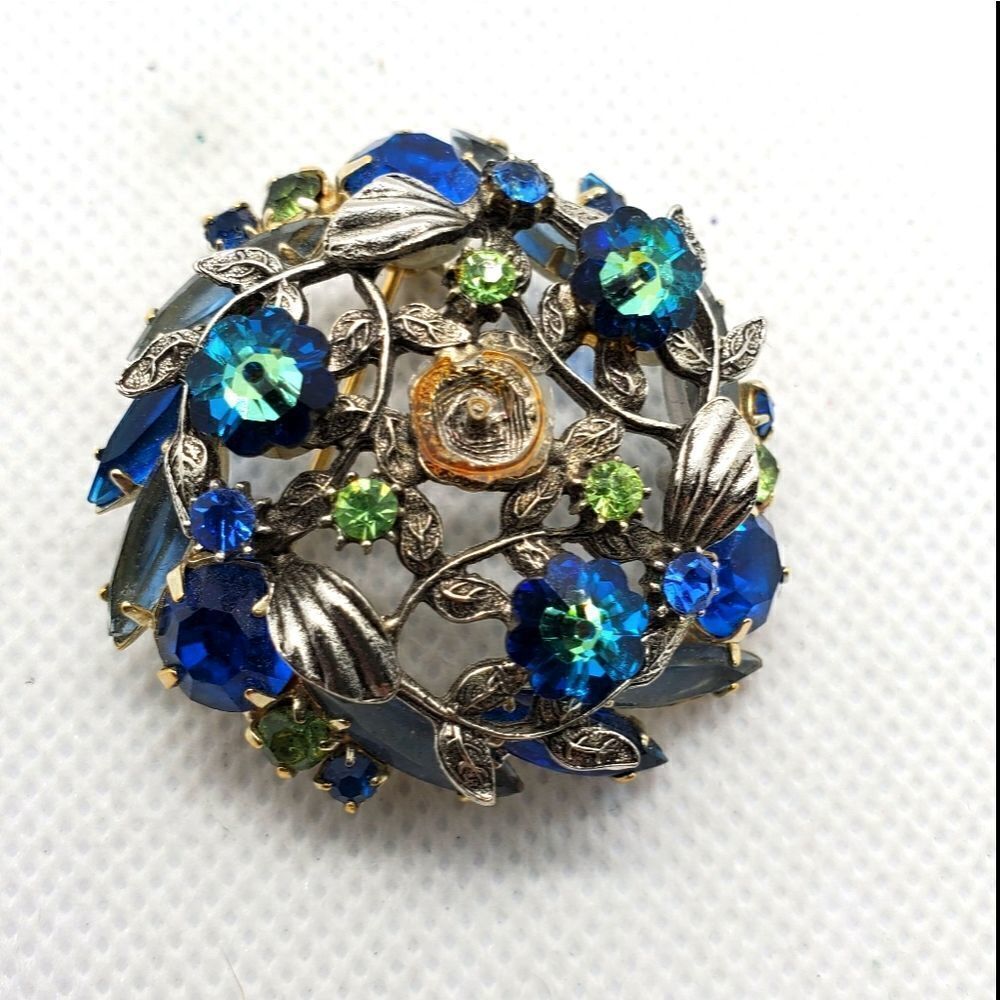 Vintage Blue, Green, & Silver Floral Brooch